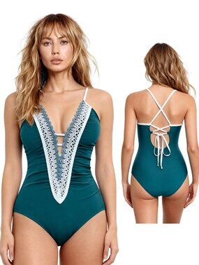 4. Large Dark Cyan Deep V Plunge One Piece Swimsuit Tummy Control Ruched Fit NWT